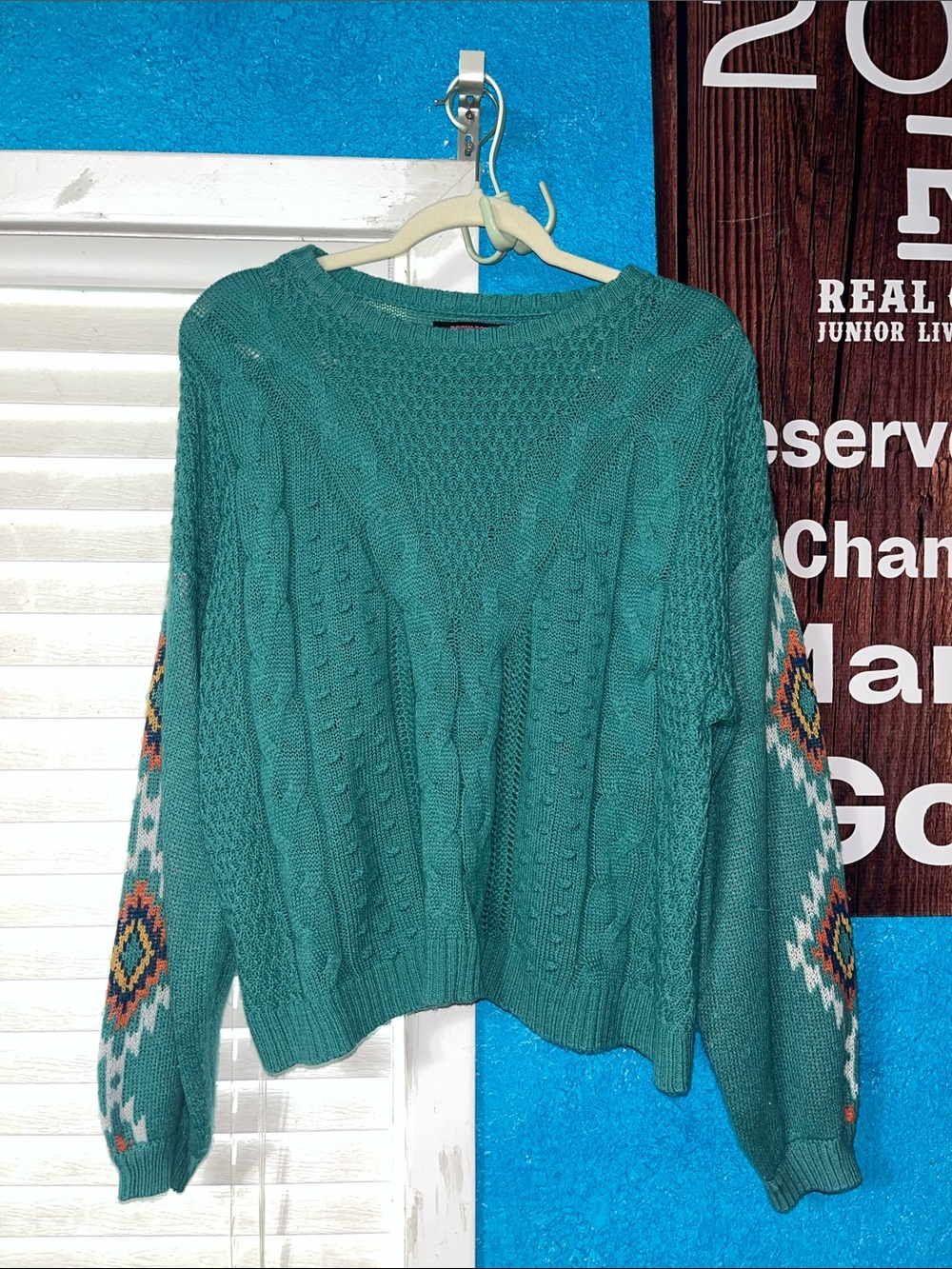 Textured Teal Cable Knit Crewneck Sweater with Patterned Sleeves